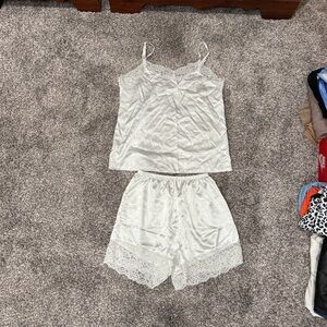 Elegant White Lace Trim Satin Short Set